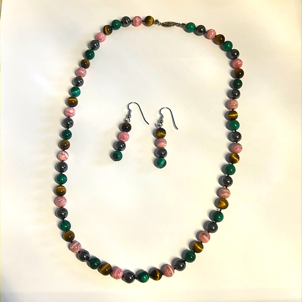 Natural Tigers Eye, Rhodochrosite, Hematite & Malachite Necklace & Earrings Set